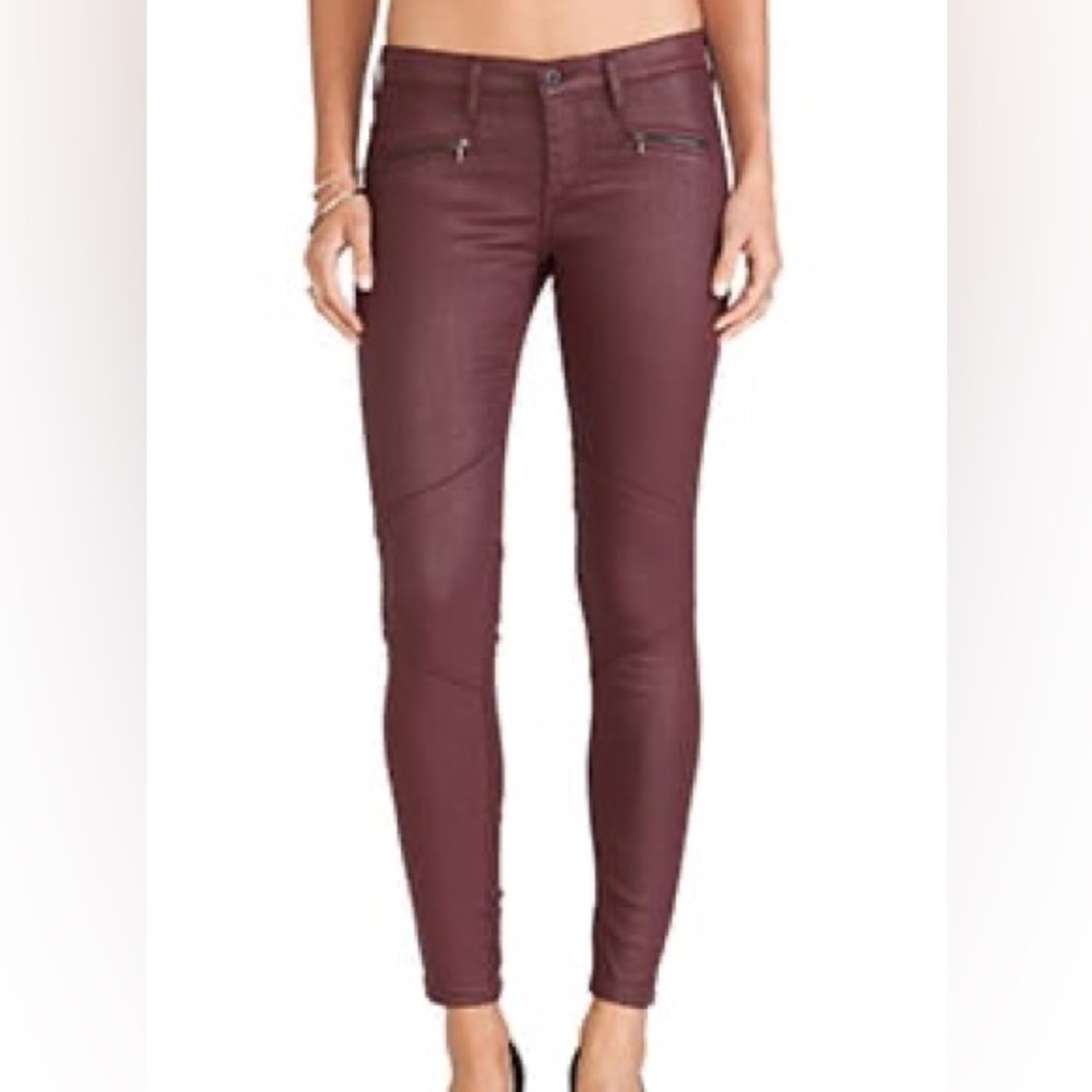 AG Moto Jeans in Blackslick Moonfire Burgundy Coated Skinny Jegging Low Rise 24